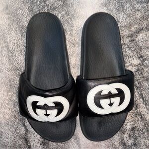 Gucci Black Slides with White Logo